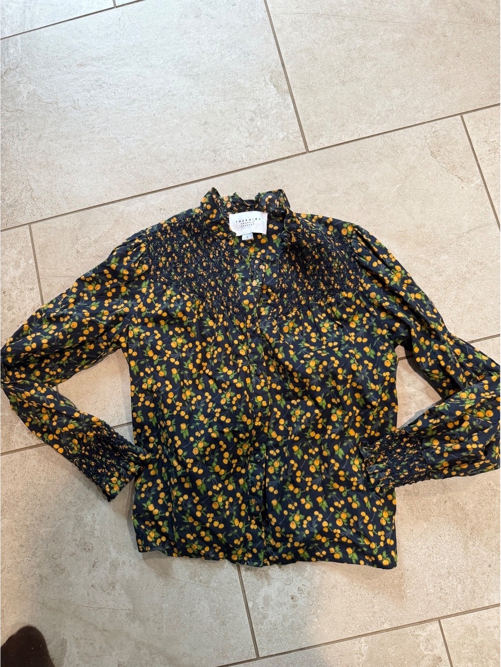 The Shirt Rochelle Behrens Cotton Poplin Navy orange fruit print button down S